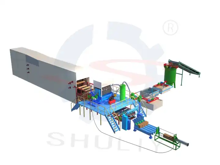 Diagrama 3D de la línea de producción de bandejas de pulpa para vino